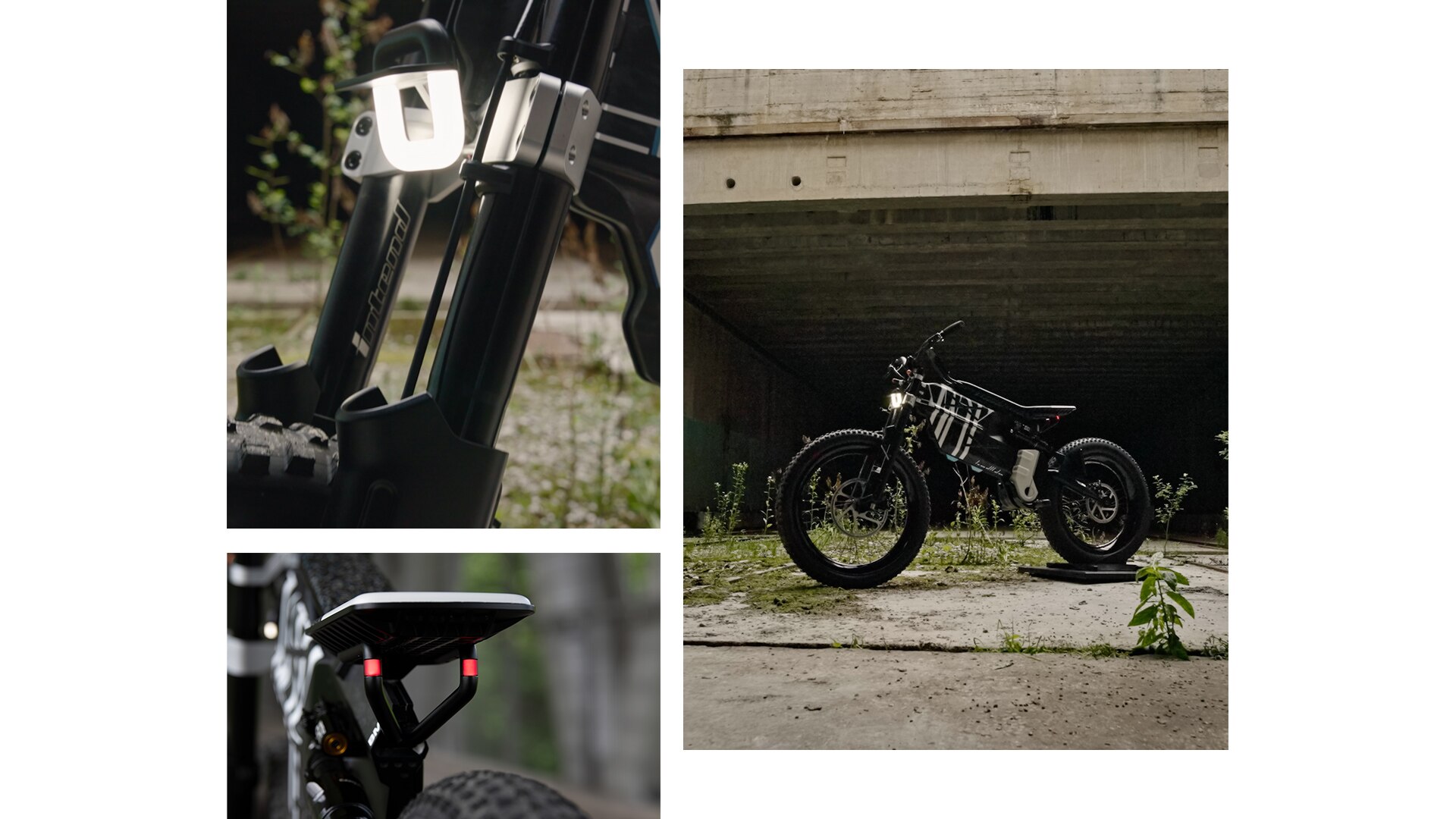 크리트 타이어가 장착된 특별한 외관을 자랑하는 BMW Motorrad Vision AMBY 바이크가 황량한 공장 부지에 서 있는 모습.