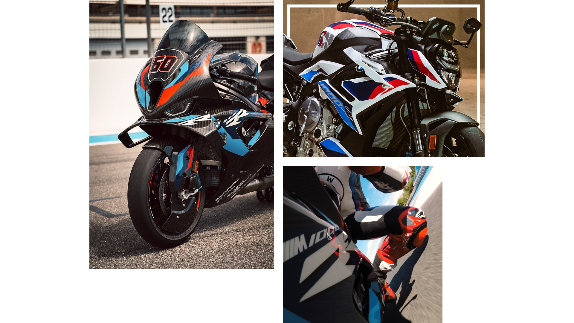 M 1000 RR 및 M 1000 R 모델의 라이딩 하는 사진으로 구성된 콜라쥬.