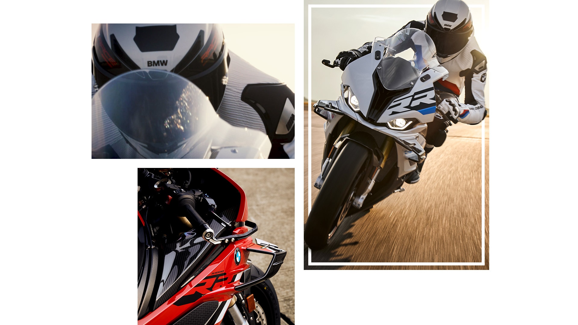 S 1000 RR 모델의 라이딩 모습을 담은 사진으로 이루어진 콜라쥬.